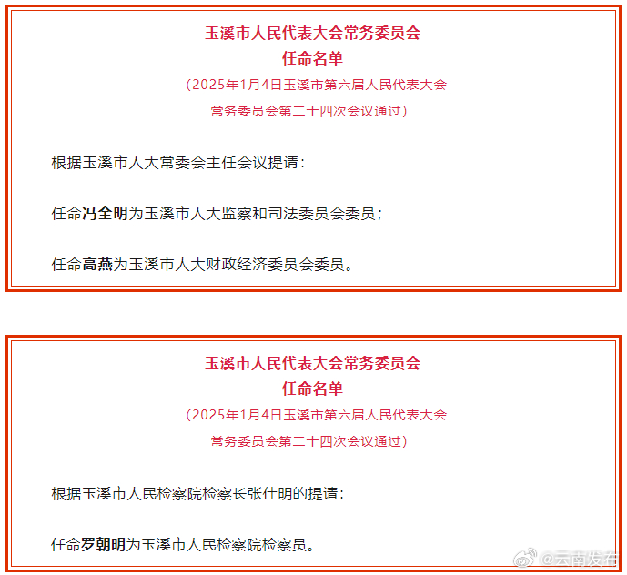 玉溪市人大常委会通过任命名单