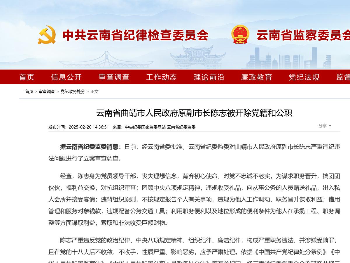 云南省曲靖市人民政府原副市长陈志被开除党籍和公职