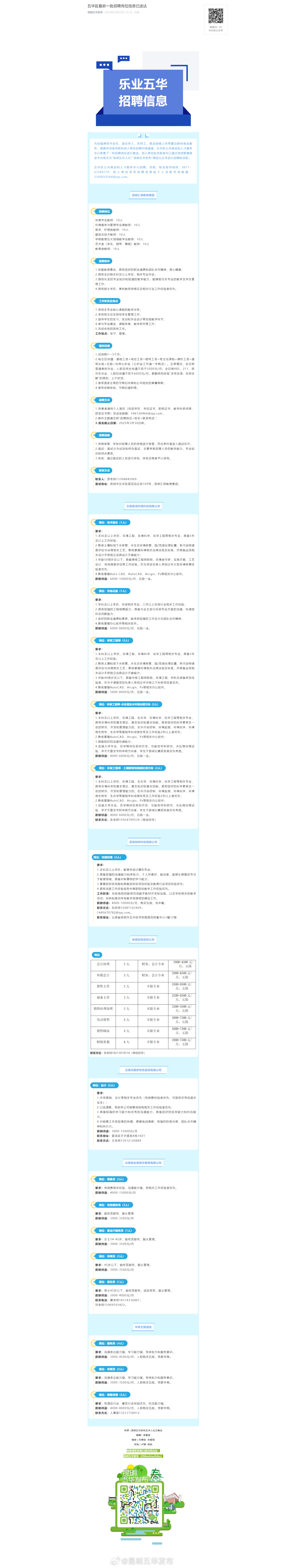 五华区最新一批招聘岗位信息已送达