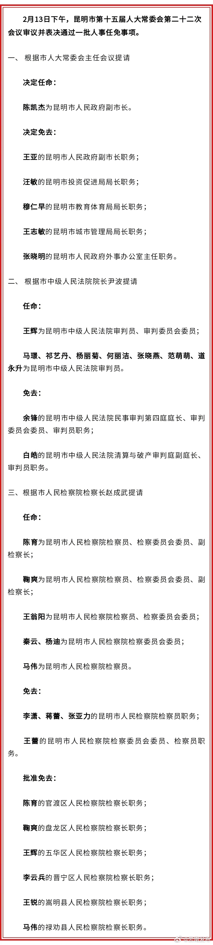 昆明市人大常委会通过一批人事任免名单
