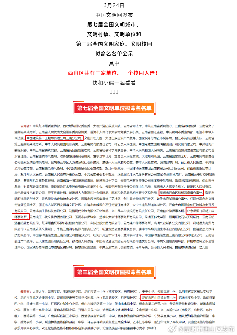 西山区三家单位、一所校园入选！第七届全国文明城市、文明村镇、文明单位和第三届全国文明家庭、文明校园拟命名名单公示