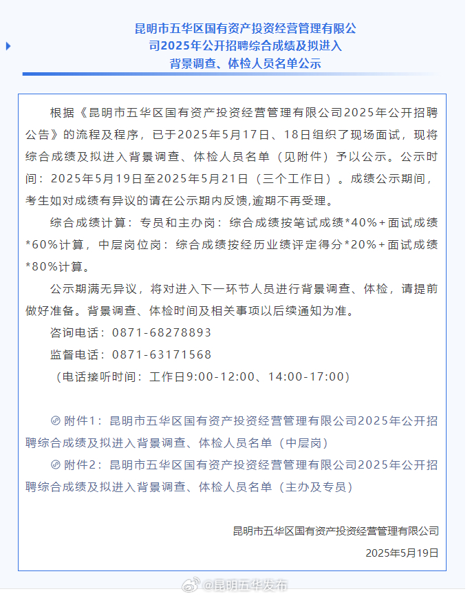 五华区国投公司2025年公开招聘综合成绩及拟进入背景调查、体检人员名单公示