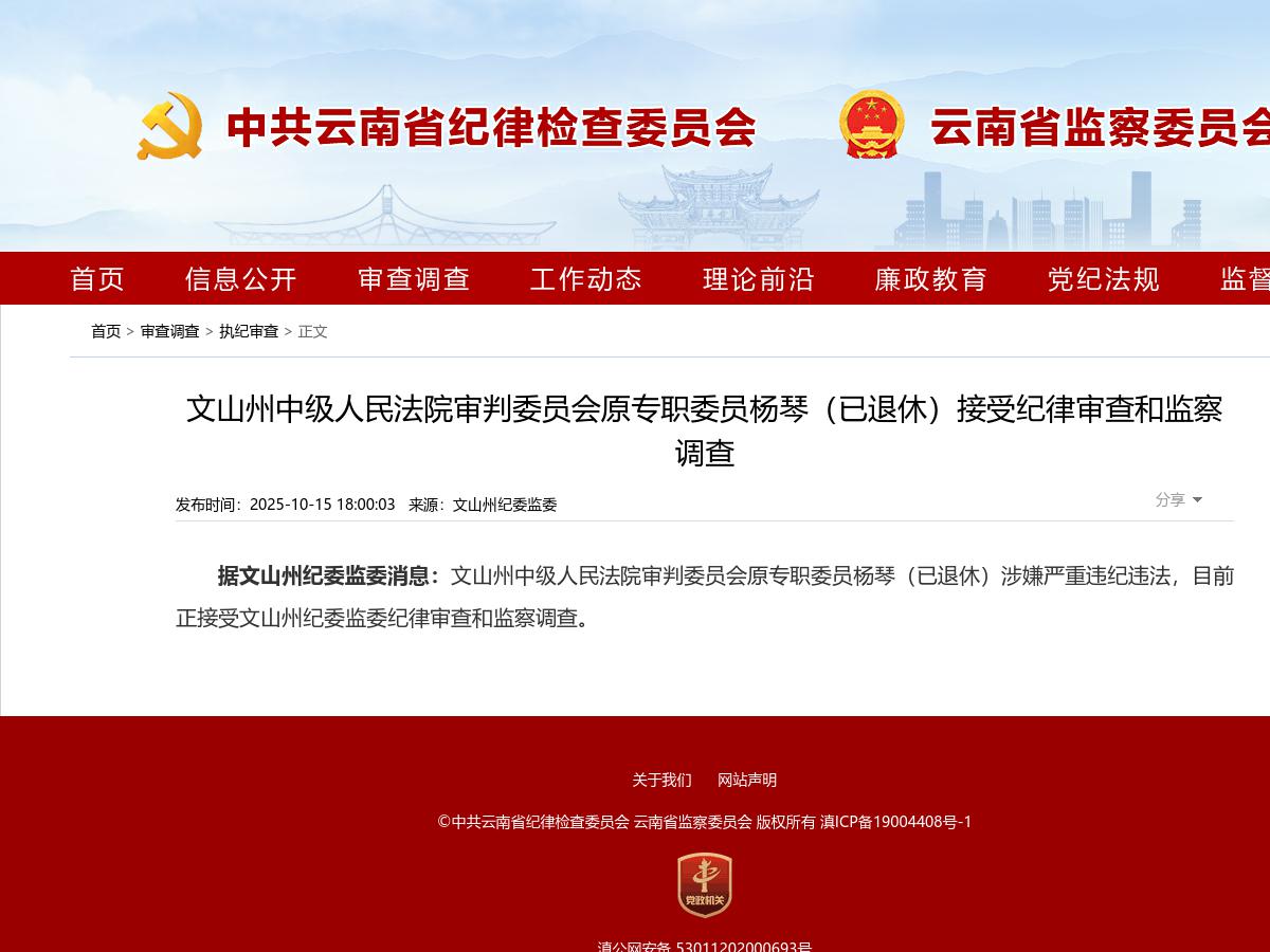 文山州中级人民法院审判委员会原专职委员杨琴（已退休）接受纪律审查和监察调查