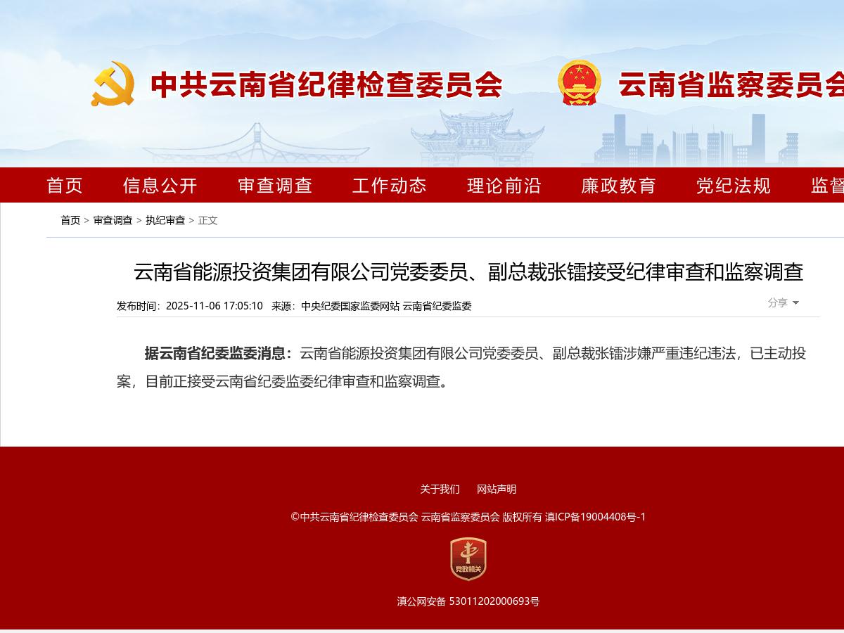 云南省能源投资集团有限公司党委委员、副总裁张镭接受纪律审查和监察调查