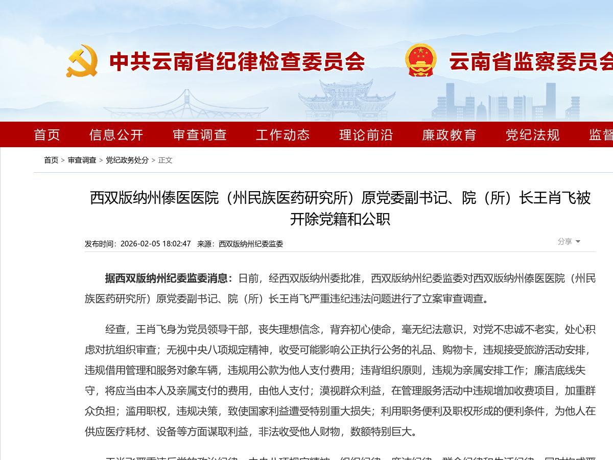 西双版纳州傣医医院（州民族医药研究所）原党委副书记、院（所）长王肖飞被开除党籍和公职